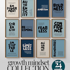 May include: A set of twelve framed wall art prints featuring motivational words in bold black typography against blue and beige backgrounds. Each print includes a short definition of the word. The collection is titled Growth Mindset Collection.