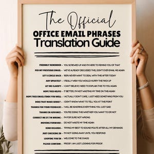 May include: A framed print titled The Official Office Email Phrases Translation Guide. The text lists common professional phrases followed by their sarcastic interpretations, such as Friendly Reminder meaning you screwed up and I am here to remind you.