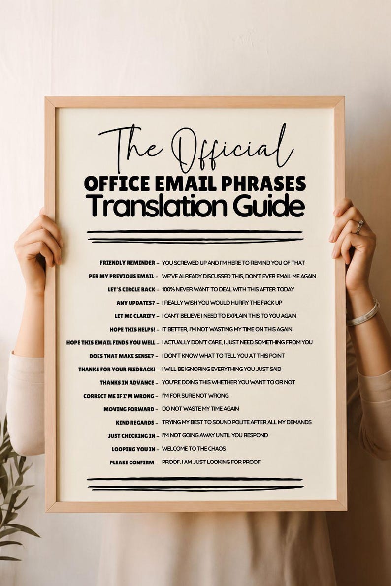 May include: A framed print titled The Official Office Email Phrases Translation Guide. The text lists common professional phrases followed by their sarcastic interpretations, such as Friendly Reminder meaning you screwed up and I am here to remind you.