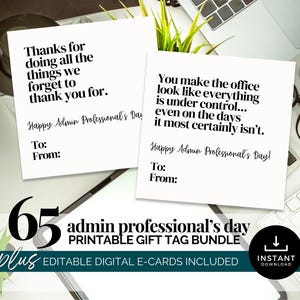 Etiquetas de regalo divertidas para el Día del Administrador, minitarjetas de agradecimiento imprimibles para empleados, notas para la Semana de los Profesionales Administrativos, reconocimiento del personal