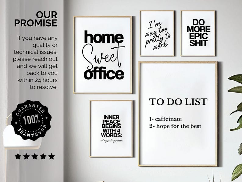 Pode incluir: Conjunto de oito impress&otilde;es de arte de parede imprim&iacute;veis em preto e branco com cita&ccedil;&otilde;es motivacionais. As impress&otilde;es apresentam frases como "home sweet office", "Sou muito bonita para trabalhar", "Fa&ccedil;a mais coisas &eacute;picas" e "A paz interior come&ccedil;a com 4 palavras: n&atilde;o &eacute; meu problema".