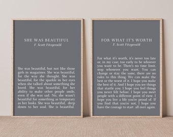 F Scott Fitzgerald Quote Set of 2 Prints For What It's Worth She Was Beautiful Literary Quote Wall Art Set Printable Quotes About Life