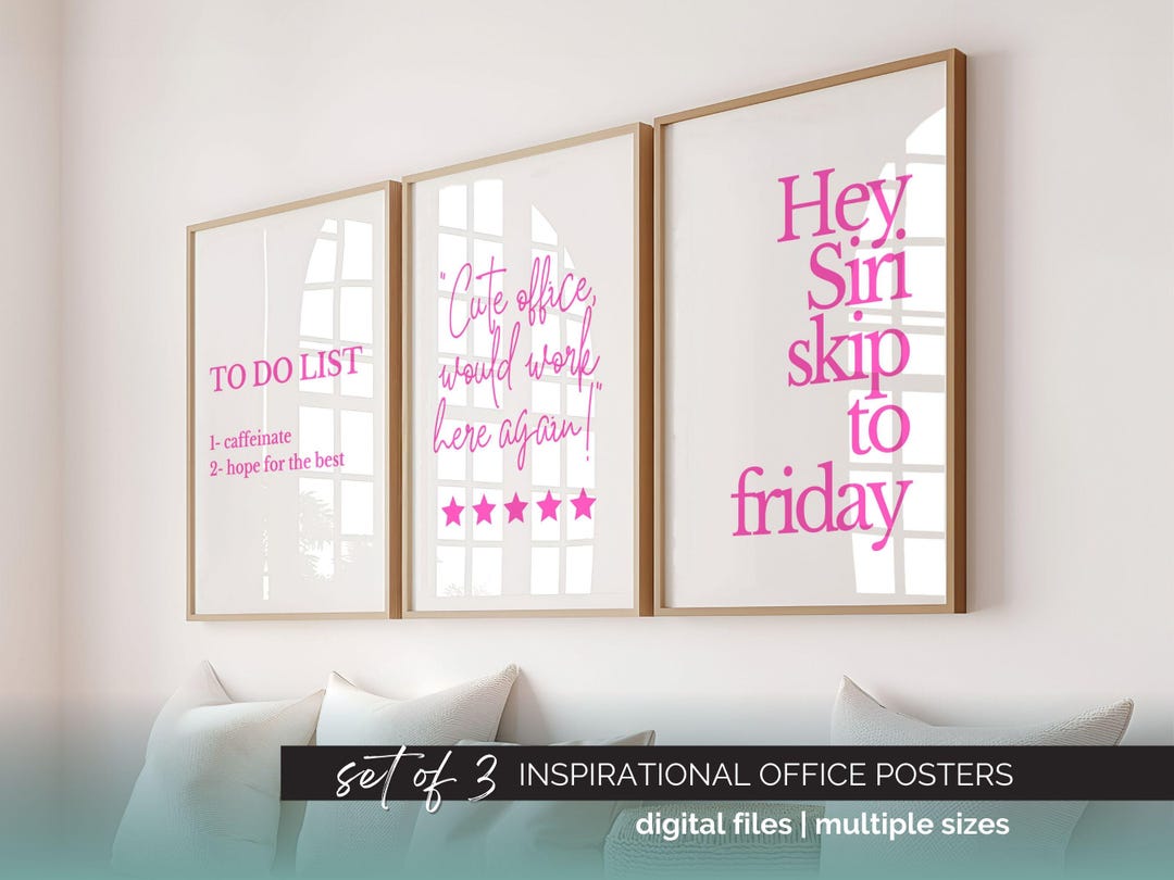 Bright Pink Wall Art Set Sassy Home Office Posters Funny Motivational ...