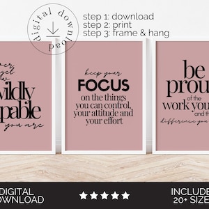 Motiverande väggkonst set med 3, inspirerande citatposters, kontorsdekor för kvinnor i rodnande rosa, inspirerande arbetscitattryck, konst med growth mindset bild 2