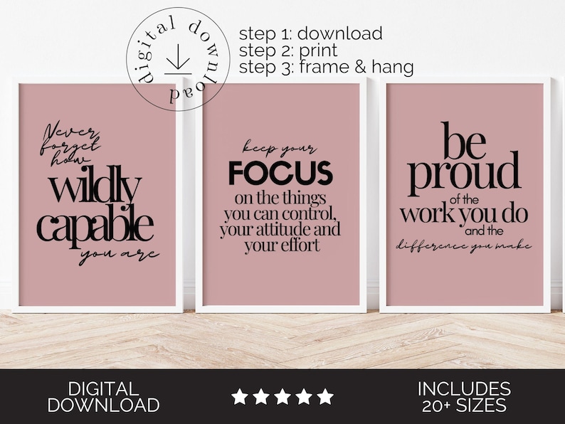 Motiverande väggkonst set med 3, inspirerande citatposters, kontorsdekor för kvinnor i rodnande rosa, inspirerande arbetscitattryck, konst med growth mindset bild 2