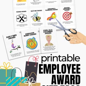 May include: Printable employee award gift tags with fun illustrations and descriptions. The tags are designed to be cut out and attached to gifts for employees.  The tags feature a variety of themes, including "Early Bird Award", "Energizer Bunny Award", "Cool as a Cucumber Award", "Tool Box Award", "Take-Out Award", "Super Snack Award", "Master Chef Award", "Foodie Award", "Busy Bee Award", "Sunshine & Rainbows Award", and "Mission Impossible Award".