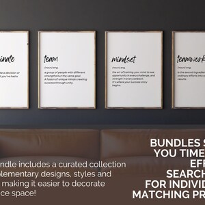 May include: Four framed motivational prints with definitions of "procaffeinate", "team", "mindset", and "teamwork" in black text on white backgrounds. The prints are displayed above a brown sofa. Text at the bottom reads "BUNDLES SAVE YOU TIME AND EFFORT SEARCHING FOR INDIVIDUAL MATCHING PRINTS."