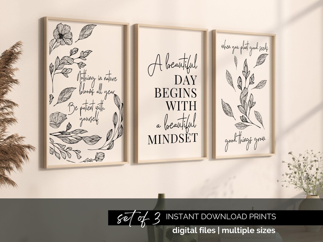 Floral Office Wall Art Set of 3 Motivational Print Growth Mindset Quote ...