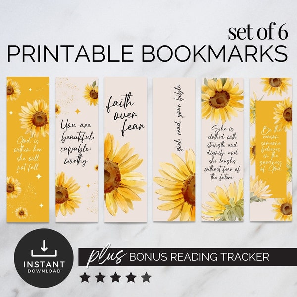 Sunflower Bookmark Printable Christian Women Gift Booklover Bookmark with Inspirational Faith Quotes Bible Accessories Floral Bookmark Set