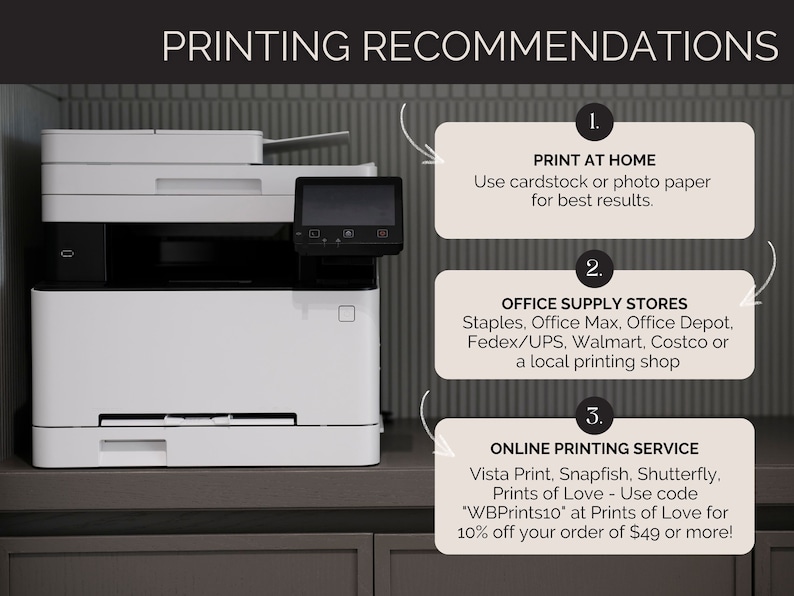 May include: A white multifunction printer with a black control panel. The image includes text with printing recommendations, including printing at home, office supply stores, and online printing services.