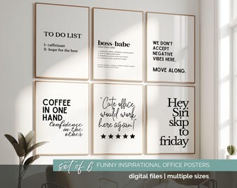 May include: Set of six framed, white posters with black text. The posters feature humorous office-themed quotes like "To Do List" and "Coffee in one hand." The frames are a light brown color. The bottom banner reads "Funny Inspirational Office Posters."