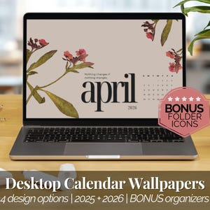 2026 Calendar Background and Desktop Organizer Bundle Digital Desktop Wallpapers Monthly Desktop Calendar for Windows Macbook Folder Icons