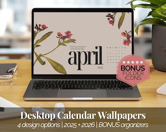 2026 Calendar Background and Desktop Organizer Bundle Digital Desktop Wallpapers Monthly Desktop Calendar for Windows Macbook Folder Icons