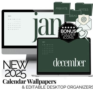 Green Desktop Wallpaper Monthly Calendar 2025 Digital Desktop Wallpaper Background Editable Desktop Organizers and Computer Folder Icon Pack