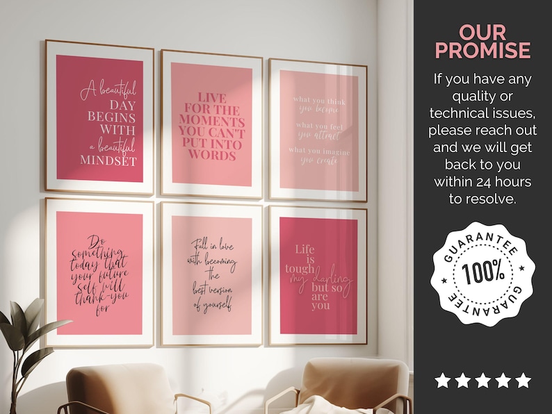 May include: Set of six pink and peach printable wall art prints with inspirational quotes in black calligraphy. The quotes include "A beautiful day begins with a beautiful mindset", "Live for the moments you can't put into words", "What you think you become, what you feel you attract, what you imagine you create", "Do something today that your future self will thank you for", "Fall in love with becoming the best version of yourself", and "Life is tough, my darling, but so are you".