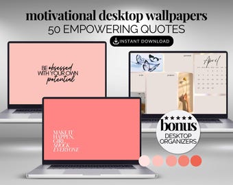 Pink Desktop Wallpaper Pack Computer Wallpaper Bundle Motivational Quote Background for Windows & Macbook Digital Desktop Organizer Editable