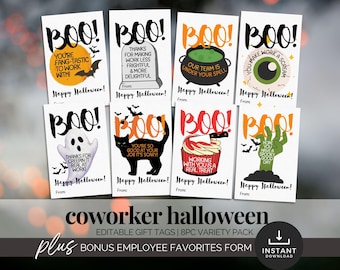 May include: Eight Halloween gift tags with the word "BOO!" in bold lettering. Each tag has a unique design and message, including "You're Fang-tastic to Work With!" and "Working With You Is a Real Treat!" These tags are designed for colleagues.