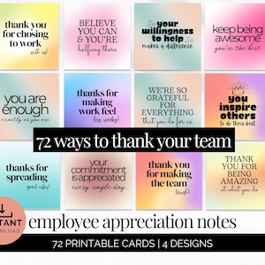 May include: A collection of 12 employee appreciation notes with colorful gradient backgrounds and various text messages. The notes are designed with a modern font and include phrases like "Thank you for choosing to work with us!" and "You are enough."