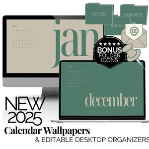 Neutral Green Desktop Calendar Wallpaper & Desktop Icon Pack Digital Desktop Editable Wallpaper Organizers 2025 Monthly Calendar Background
