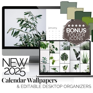 Grün Desktop Wallpaper mit Ordner Icon Pack 2025 Digitaler Kalender Botanischer Computer Hintergrund Grün Ästhetik Desktop Organizer Bundle