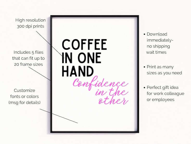 Może przedstawiać: Drukowana grafika ścienna z tekstem "Coffee in one hand, confidence in the other" w czarnym i r&oacute;żowym kolorze. Tekst jest umieszczony w czarnej ramie.