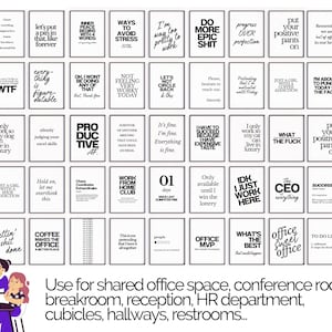 以下が含まれることがあります： さまざまなユーモラスな引用句が書かれた、オフィスをテーマにした白黒の額入りウォールアートのコレクション。共有オフィススペース、会議室、休憩室に適しています。テキストには「私はボスではない」や「ホームスイートオフィス」などのフレーズが含まれています。
