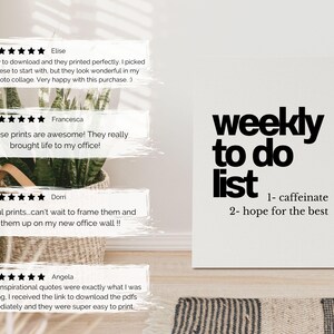 May include: A white canvas print with the words "weekly to do list" in bold black font. The list includes "1- caffeinate" and "2- hope for the best." A woven basket with a plant is to the left of the print.