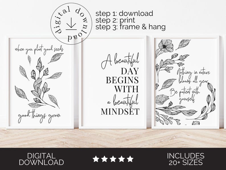 Floral Office Wall Art Set of 6 Motivational Print Growth Mindset Quote ...