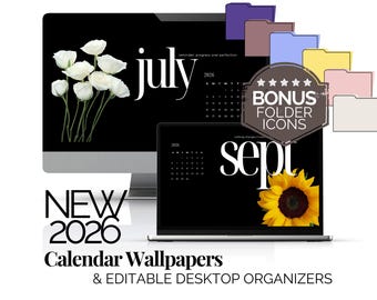 Floral Desktop Wallpaper Calendar 2026, Digital Desktop Organizer and Icon Pack, Computer Backgrounds for Windows or Mac, Desk Decor Flowers