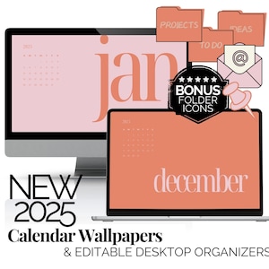 Desktop Wallpaper und Icon Pack 2025 Monatskalender Digital Desktop Wallpaper Bearbeitbare Desktop-Organisatoren Laptop-Hintergrundbild Rosa und Orange
