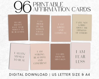 May include: A set of 96 printable affirmation cards with positive messages. The cards are in various shades of pink, brown, and beige. The text on the cards is in black.