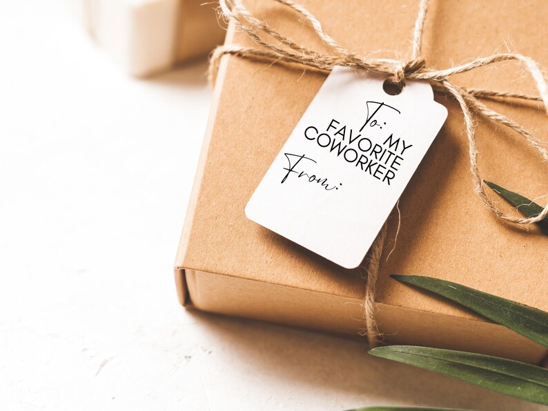 Pu&ograve; includere: Una scatola regalo marrone con un'etichetta regalo bianca che dice "A: Il mio collega preferito Da: ". La scatola &egrave; legata con lo spago e ha una foglia verde in cima.