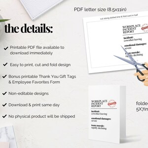 May include: A white printable card with the text "WORKPLACE INCIDENT REPORT" and details about an incident. The image also shows a pair of scissors cutting a printed sheet and a folded 5x7 inch card.