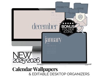 Neutral Desktop Aesthetic Wallpaper 2026 Monthly Calendar Digital Desktop Wallpaper Editable Desktop Organizers Folder Icons Beige and Grey