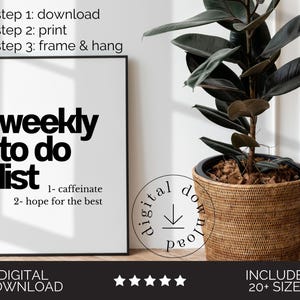 May include: A framed print with the words "weekly to do list" in black on a white background. The list includes "caffeinate" and "hope for the best". A plant with dark green leaves sits in a woven pot. The words "digital download" are at the bottom.