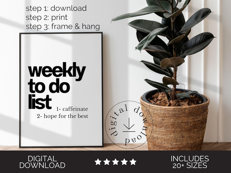 May include: A framed print with the words "weekly to do list" in black on a white background. The list includes "caffeinate" and "hope for the best". A plant with dark green leaves sits in a woven pot. The words "digital download" are at the bottom.