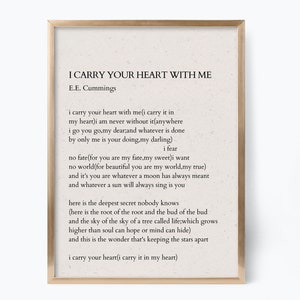 EE カミングス「I Carry Your Heart With Me」詩 ウォールアート バレンタインデーギフト 本好きギフト 文学ポスター 文学の引用句 詩 アートプリント