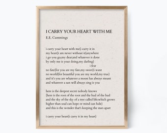 EE Cummings "Porto il tuo cuore con me", poesia, arte murale, regalo di San Valentino, regalo per amanti dei libri, poster letterario, citazioni letterarie, poesia, stampa artistica