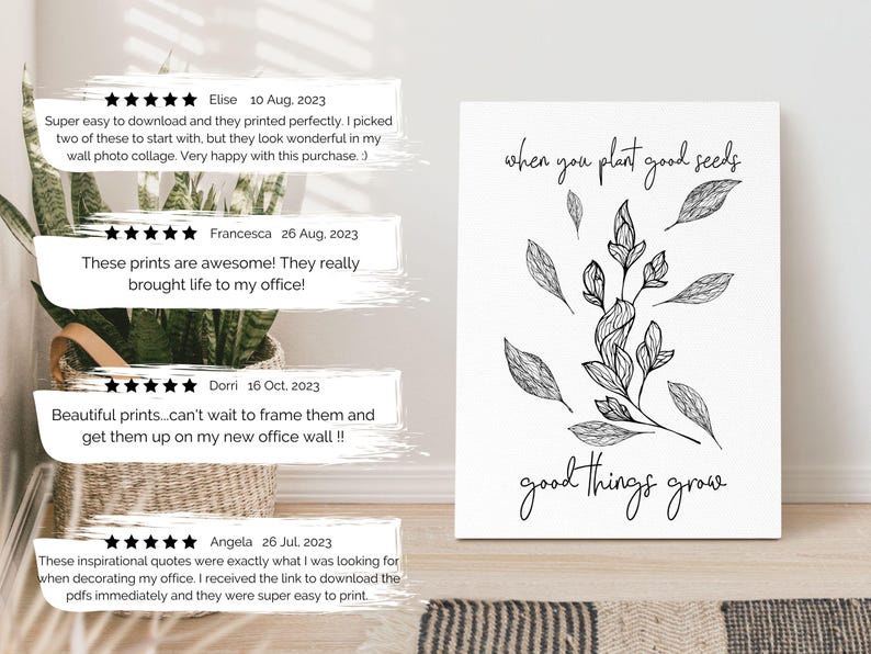 Puede incluir: Impresi&oacute;n de arte imprimible en blanco y negro con un dise&ntilde;o floral y el texto "when you plant good seeds, good things grow".