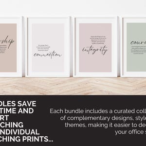 May include: Four framed art prints with inspirational words: leadership, connection, integrity, and courage. Each print has a different pastel background color and black script text. The prints are displayed on a wooden surface. The image also includes text about bundles.