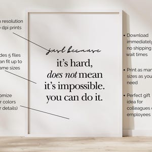 May include: A framed print featuring the inspirational quote "just because it's hard, does not mean it's impossible. You can do it." The text is black on a white background. The image also includes details about print resolution and customisation.