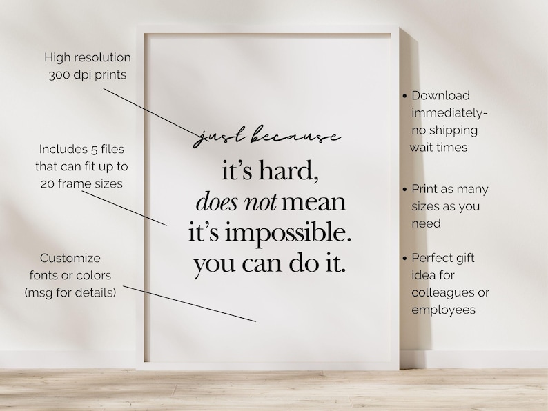 May include: A framed print featuring the inspirational quote "just because it's hard, does not mean it's impossible. You can do it." The text is black on a white background. The image also includes details about print resolution and customisation.