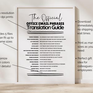 May include: A white poster in a thin frame featuring the black text The Official Office Email Phrases Translation Guide. The list includes phrases like Friendly Reminder, Let's Circle Back, and Thanks in Advance with sarcastic definitions.