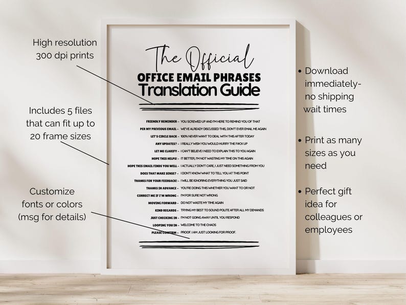 May include: A white poster in a thin frame featuring the black text The Official Office Email Phrases Translation Guide. The list includes phrases like Friendly Reminder, Let's Circle Back, and Thanks in Advance with sarcastic definitions.