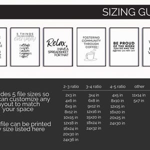 May include: A set of six framed art prints with black frames and white backgrounds. Each print features a different humorous quote in black text. The image also includes a sizing guide with various print sizes in inches and ratios.