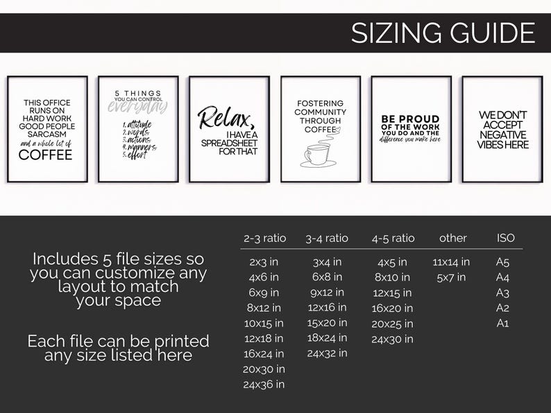 May include: A set of six framed art prints with black frames and white backgrounds. Each print features a different humorous quote in black text. The image also includes a sizing guide with various print sizes in inches and ratios.