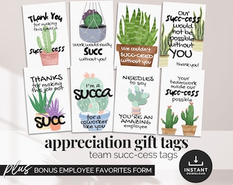 Etichette regalo succulente per apprezzamento del team, biglietto di ringraziamento per il personale, etichetta regalo stampabile per piante, biglietto di addio per collega, etichetta di apprezzamento per dipendente