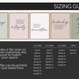 May include: Five framed art prints with inspirational words: courage, integrity, connection, leadership, and listen. Each print has a gold frame and a neutral background. The sizing guide is also included.