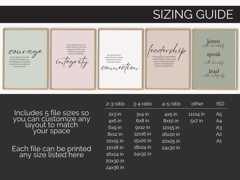 May include: Five framed art prints with inspirational words: courage, integrity, connection, leadership, and listen. Each print has a gold frame and a neutral background. The sizing guide is also included.