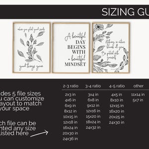 Puede incluir: Una gu&iacute;a de tama&ntilde;o para impresiones de arte de pared con tres ilustraciones en blanco y negro de dise&ntilde;os florales y citas inspiradoras. La gu&iacute;a incluye cinco tama&ntilde;os de archivo en pulgadas, que van desde 2x3 hasta 24x36, y tama&ntilde;os de papel ISO de A5 a A1.